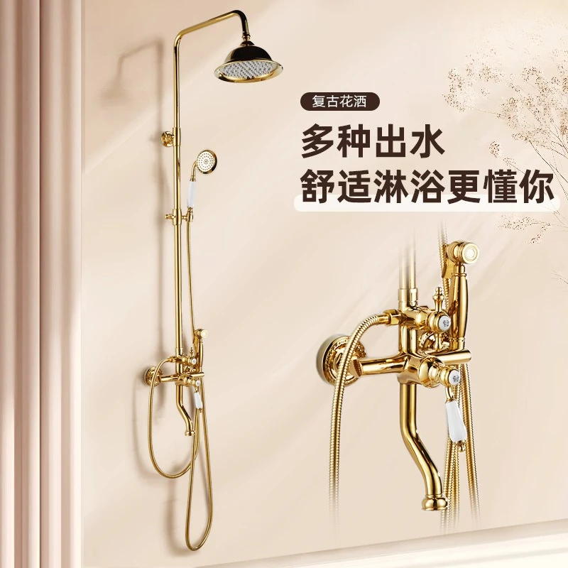 Brass light luxury French gold shower liftable shower set single European hot and cold retro shower with spray gun