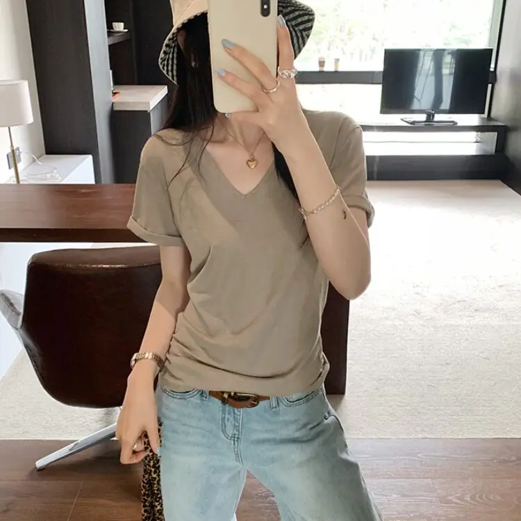 Summer New Loose Linen V-neck Short-sleeved T-shirt Women's Casual Basic Top Female Loose Feeling Underwear Upper Apparel