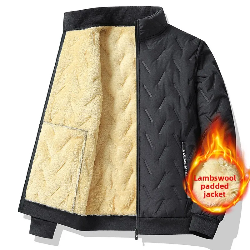 Jaket musim dingin pria baru berbahan wol domba dengan lapisan katun tebal dan beludru hangat untuk luar ruangan, jaket katun kerah tegak untuk salju