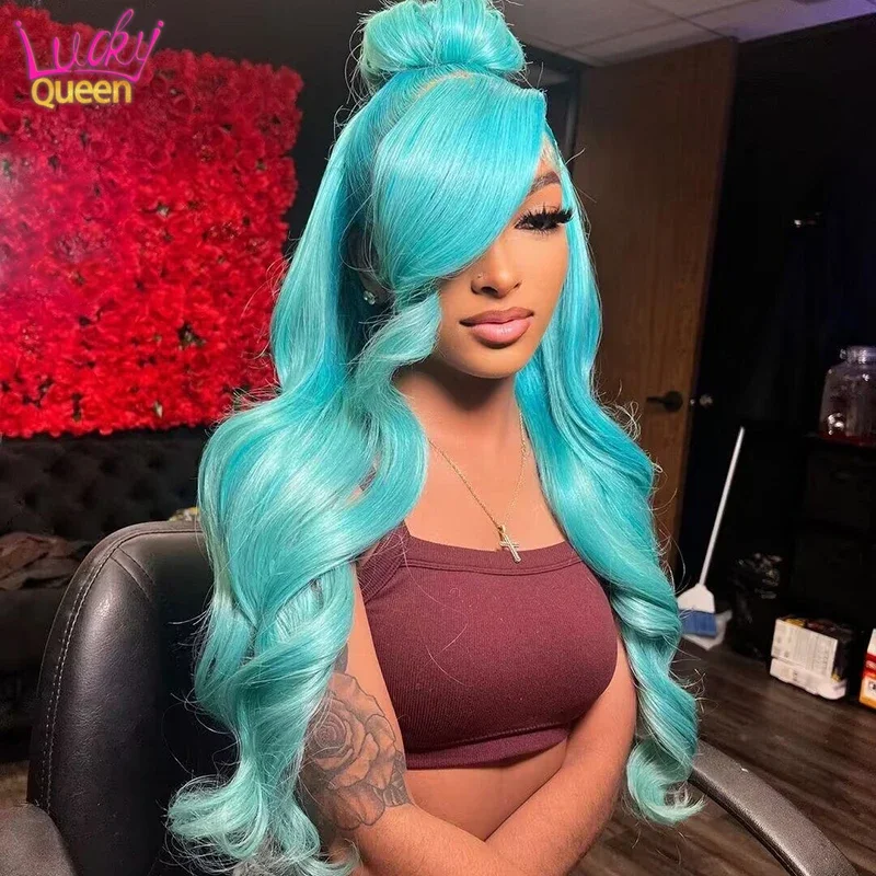 

13X4 13X6 Frontal Wig Light Blue Colored Body Wave Human Hair Wig Bleached Knots 613 Blonde Transparent Lace Front Wig Pre Pluck