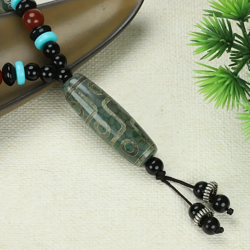 

Stylish Green Agate Bead Necklace with 9 Beads and Woven Scarf Pendant, Unique Handmade Women's Jewelry