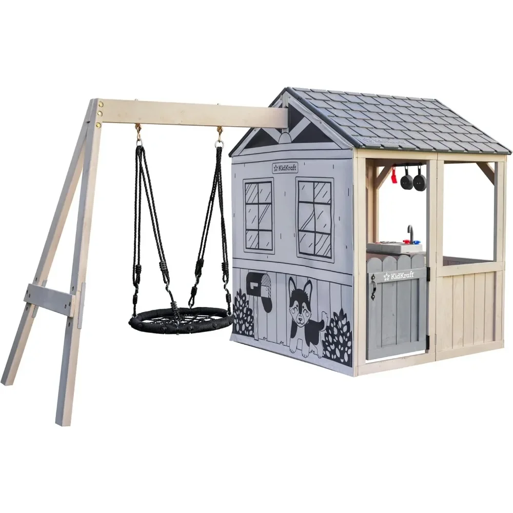 

Savannah Swing Wooden Outdoor Playhouse with Web Swing and Play Kitchen Playhouses