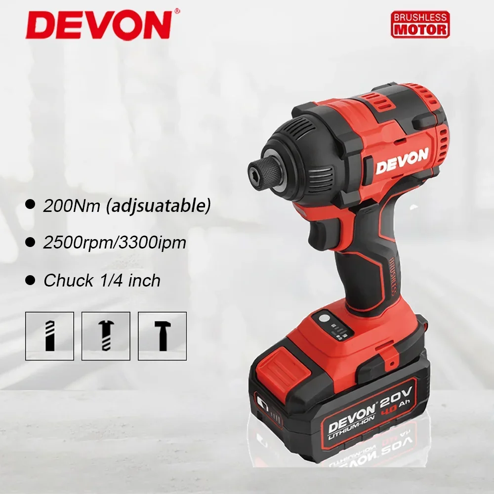 DEVON Cordless Impact Screwdriver 5733-LI 200Nm 3500ipm Brushless Motor Torque Adjustable Universal 20v Flex Battery