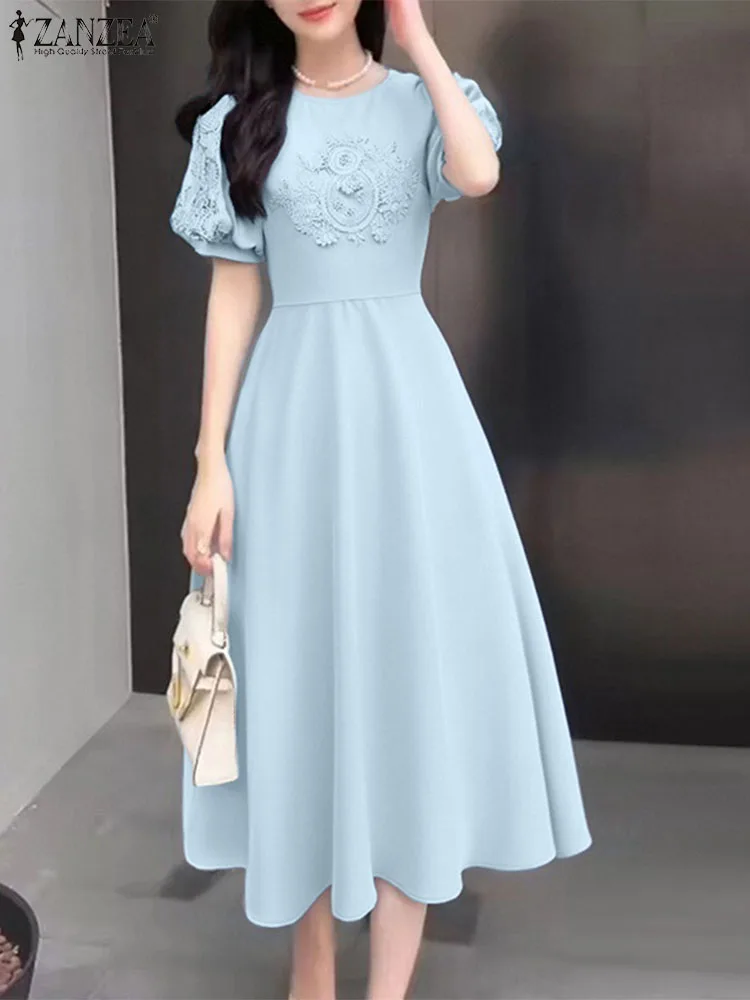 ZANZEA Women Printed Elegant Dress Summer Short Sleeve Sundress A-Line Office Work Vestidos 2025 Casual Loose Robe Femme