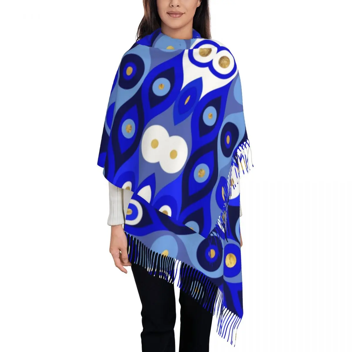 

Greek Matiasma Eye Blues Scarf for Women Fall Cashmere Shawl Wrap Greek Amulet Nazar Long Scarves with Tassel for Evening Dress
