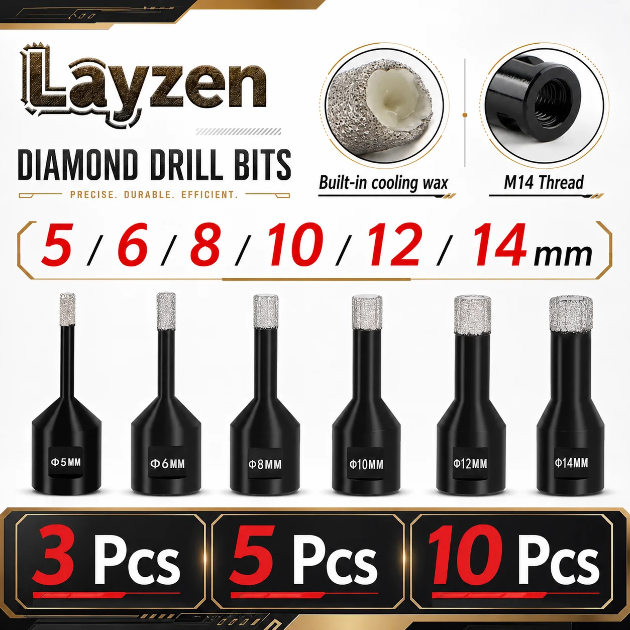 3/5/10Pcs 5-14mm M14 Thread Vacuum Brazed Diamond Dry Drill Bit Set Core Bit Hole Saw For Ceramic Tile Natural Stone Hole Opener