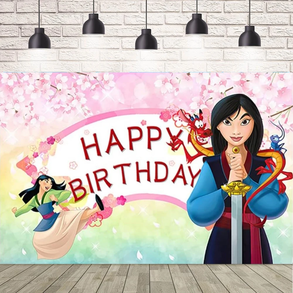 Fondo de fotografía Mulan princesa para niños Baby Shower fondo de fiesta de cumpleaños decoración de dormitorio póster se puede personalizar el nombre