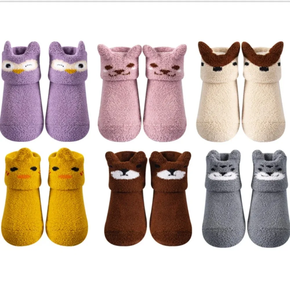 1PCS Gray Silicone Non-Slip Baby Sock Newborn Soft Coral Fleece Toddler Sock Cartoon Floor Infant Elastic Socks For 0-1 Year Kid