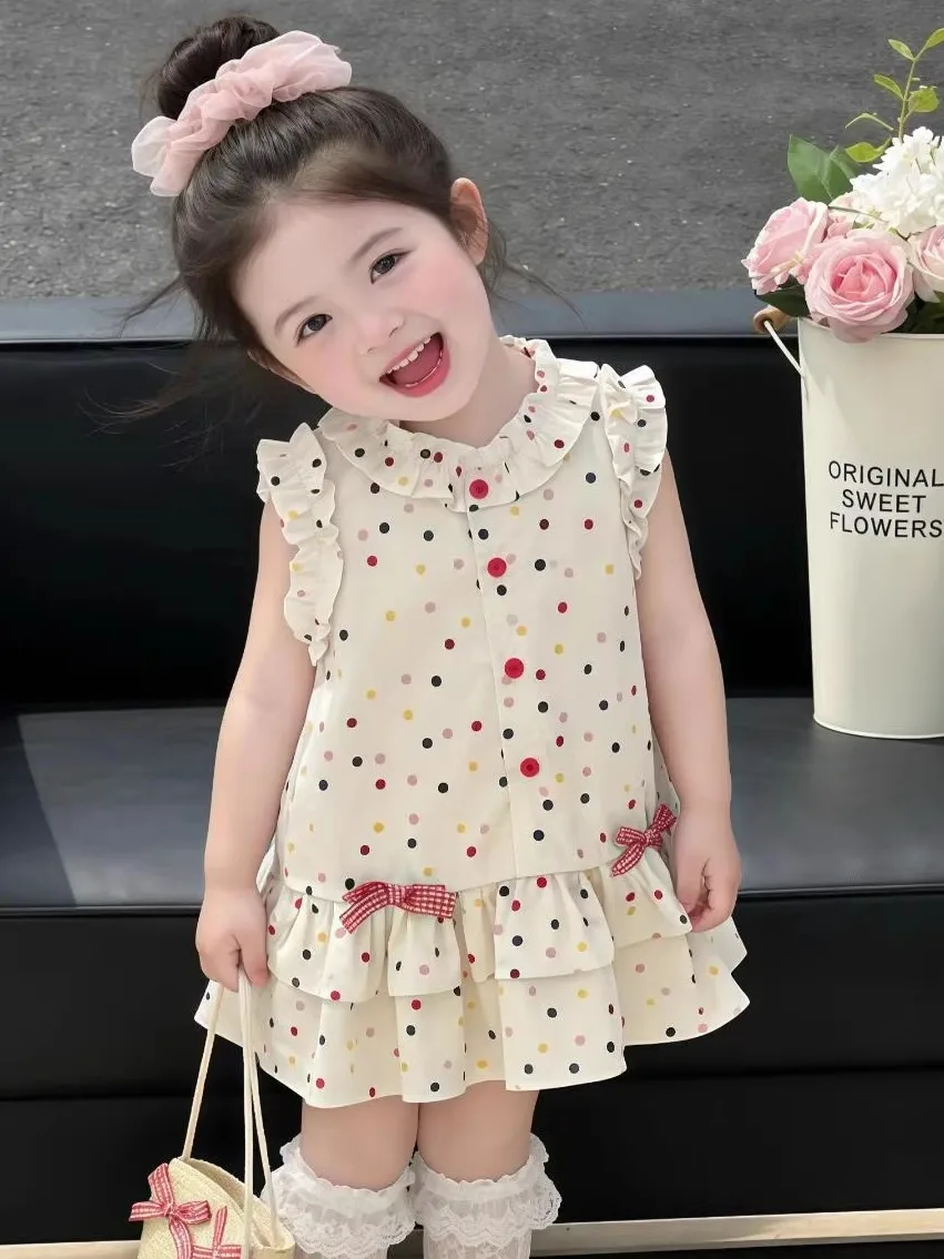 夏の花柄レースノースリーブ水玉プリンセスドレス-女の子用-スイートスタイルミディスカート-おしゃれな子供服
