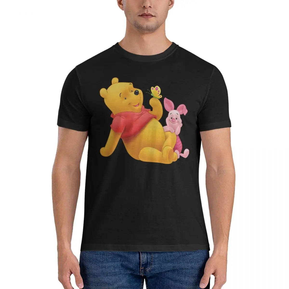 The Pooh Winnie T-Shirts for Men Disney Pooh Bear Winnie Vintage Cotton Tee Shirt Round Neck Short Sleeve T Shirts Party Clothes