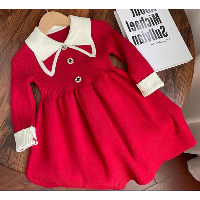 Girl's Sweater Skirt Spring and Autumn2024New Western Style Baby Girl Knitted Dress Children Red Princess Dress