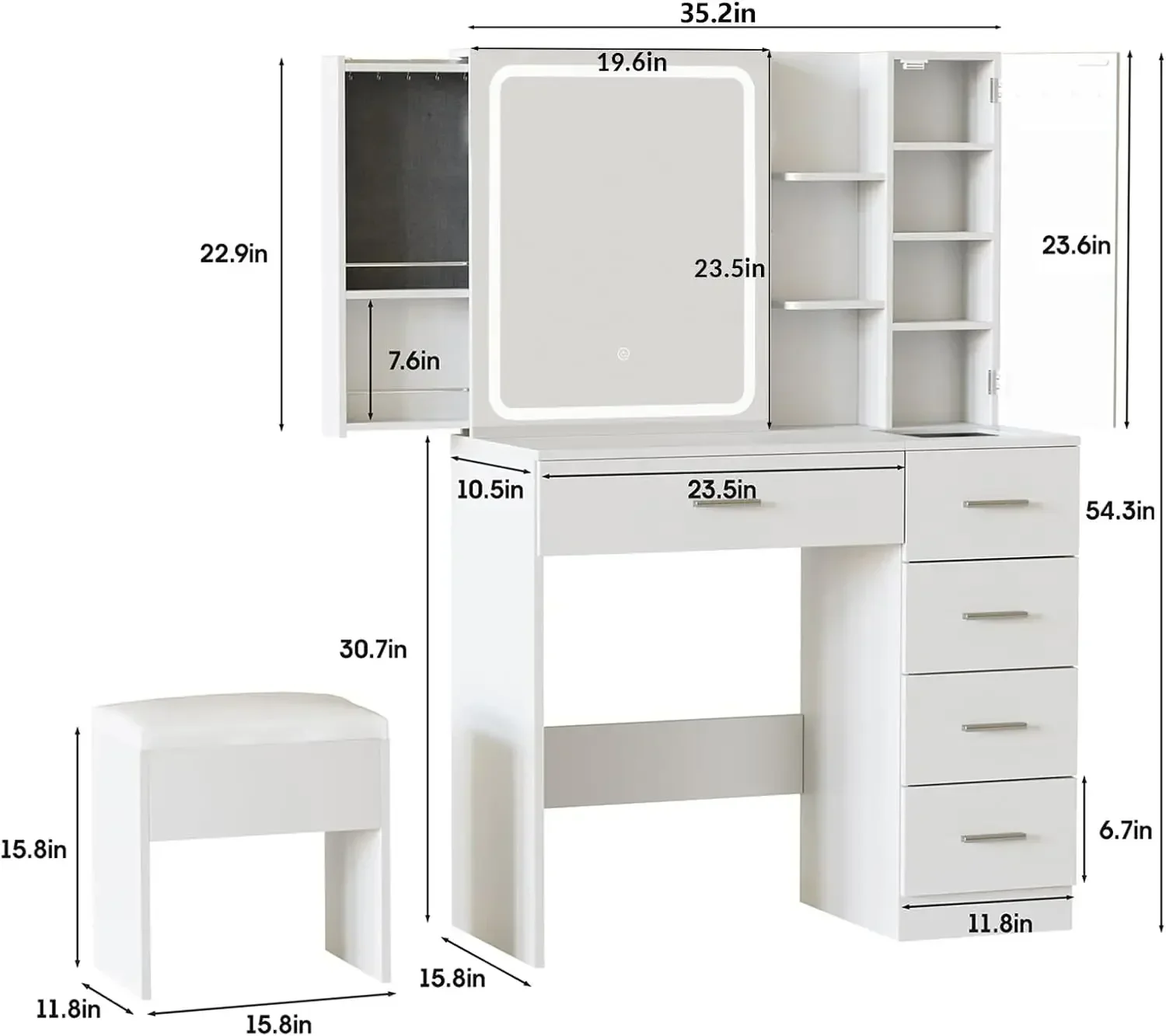 White Vanity Desk with Mirror and Lights,Makeup Vanity Table Set with Power Strip and Sliding Locker,Visual Drawer Dressing Tabl