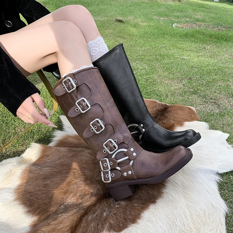 

2025 New Fashion Metal Buckled Womens Boots with Heels, Mid Heeled Women's Boots Designer Women's Boots Womens Shoes Horse Boots
