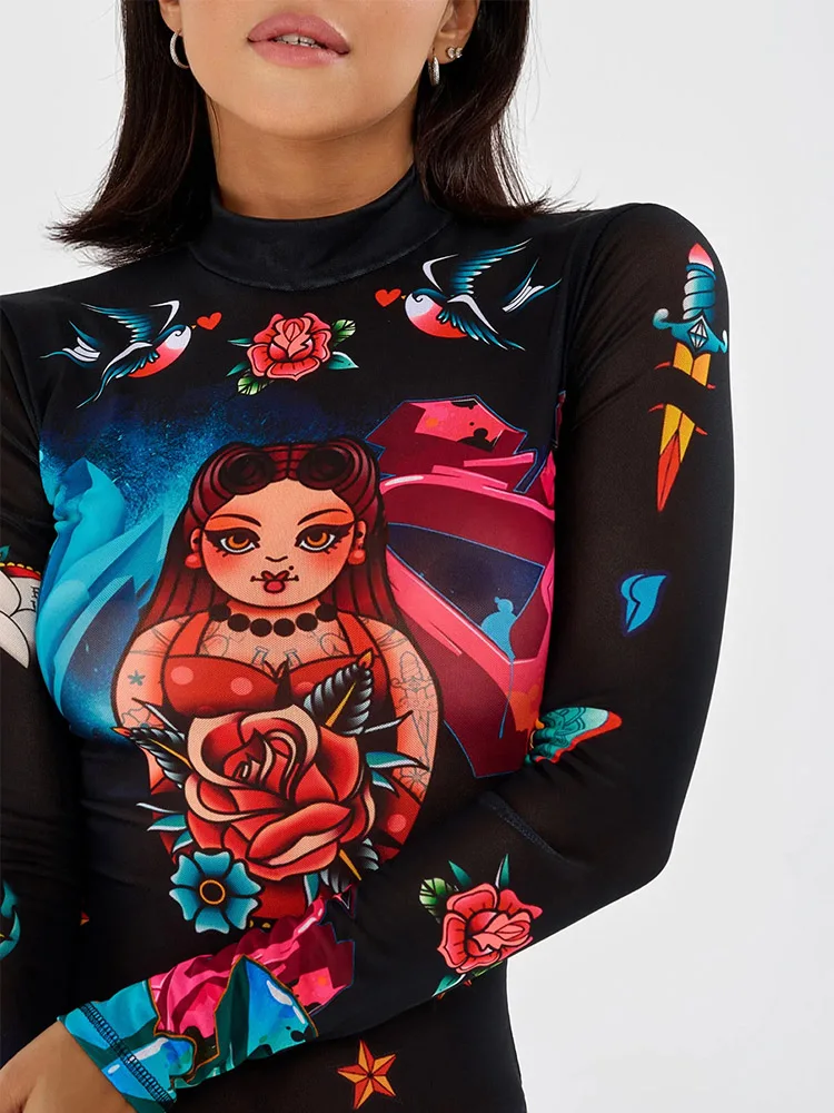 CNYISHE Y2K-body Sexy con estampado de dibujos animados para mujer, monos de manga larga con cuello medio alto, monos de moda para mujer, Tops