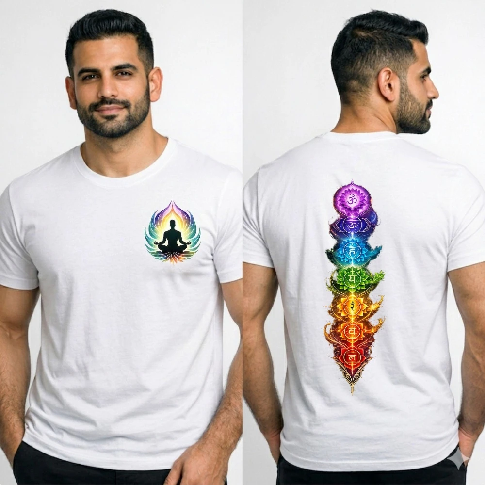 7 Chakra Meditation Men T-Shirt Front Back Print Spiritual Tee Yoga Gift Summer Shirt Chakra Clothing Awakening Gift for Him Her