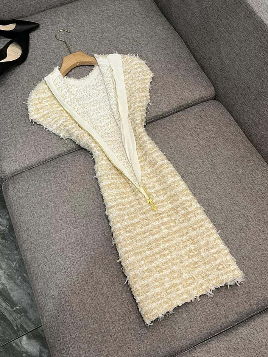 Ele ort Sve round Ne Knit Dr Faionable Tassel Trim Metal Bule French Sle للسيدات Premium Quali Spring D... #3