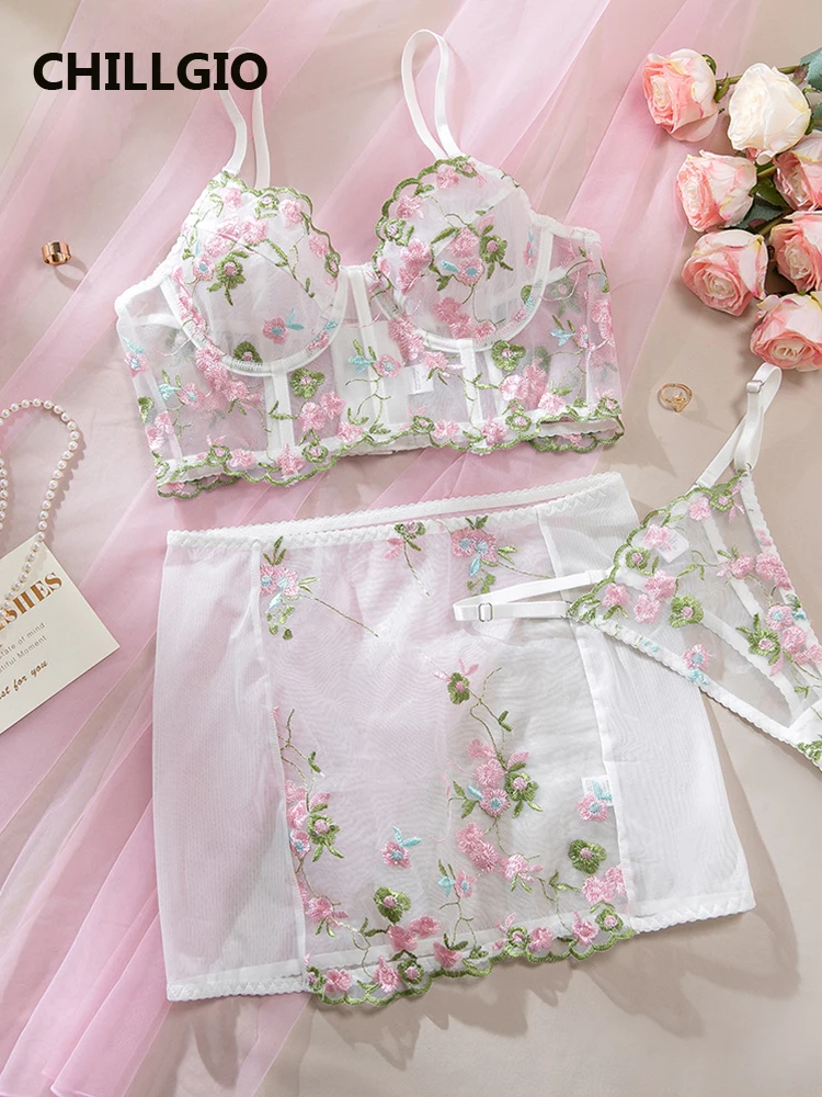 

CHILLGIO сексуальный женский сетчатый бюстгальтер с цветочной вышивкой, короткие костюмы, юбка на косточках, нижнее белье из трех предметов, облегающие комплекты нижнего белья с эффектом пуш-ап