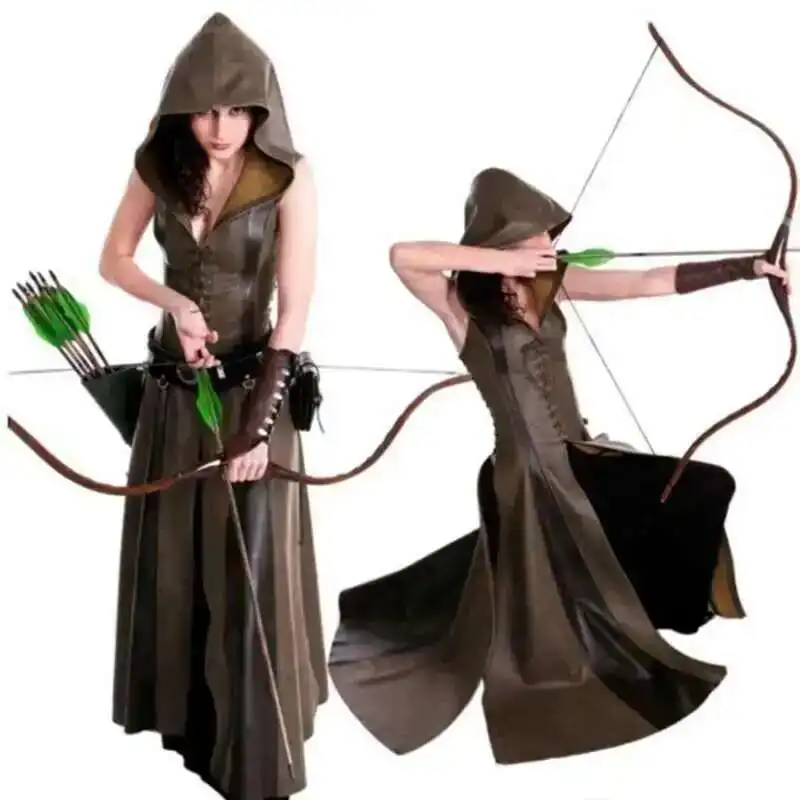 

New Women fashion Sexy Slim Lace Up Leather Medieval Ranger Long Dress Adult Coats Cosplay disfraz mujer Costume Halloween