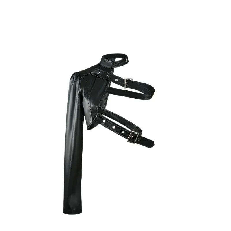 Rock Dance Versatile Irregular European and American Independent Station Street Hipster Black Punk Shoulder PU Leather Jacket