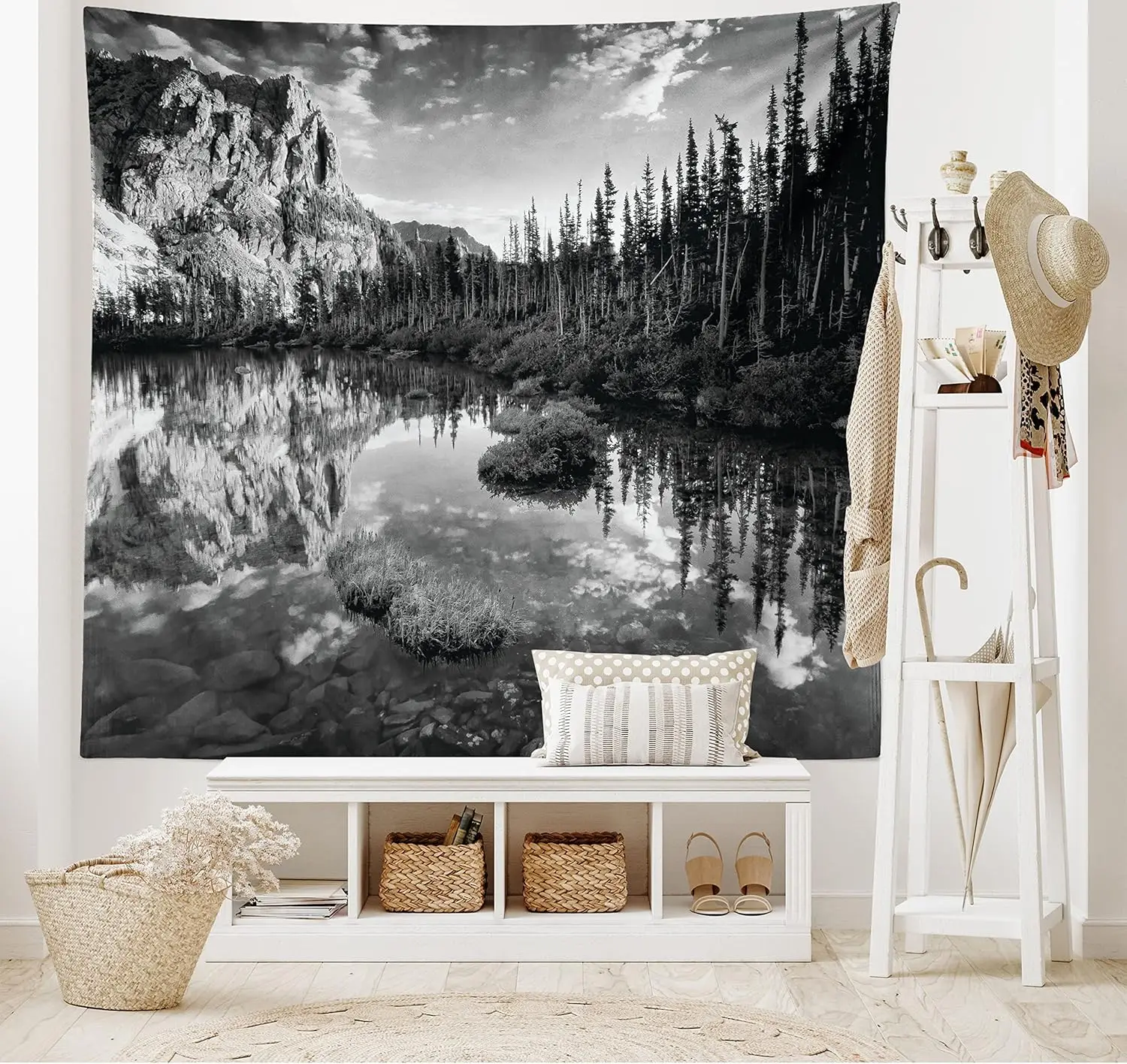 Nature Tapestry, Mountain Lake Creek Surrounded by Pine Tree Forest Hiking Serene Eco Scenery, Wide Wall Hanging for Bedroom