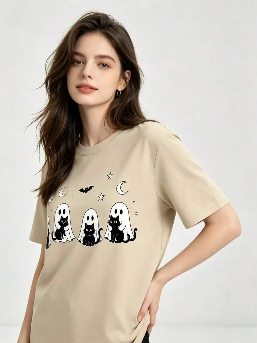Halloween Holiday Gift Graphic Tee Ghost Black Cat Summer Fall Theme Crew Neck Short Sleeve Casual Tops