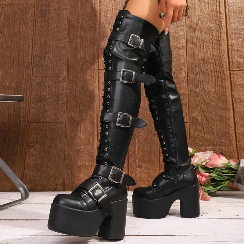 Fashion Women Platform Over-the-knee Boots Punk Goth Motorcycle Boots Round Toe Black High Heels Lace-up Buckle Womens Long Boot view 4