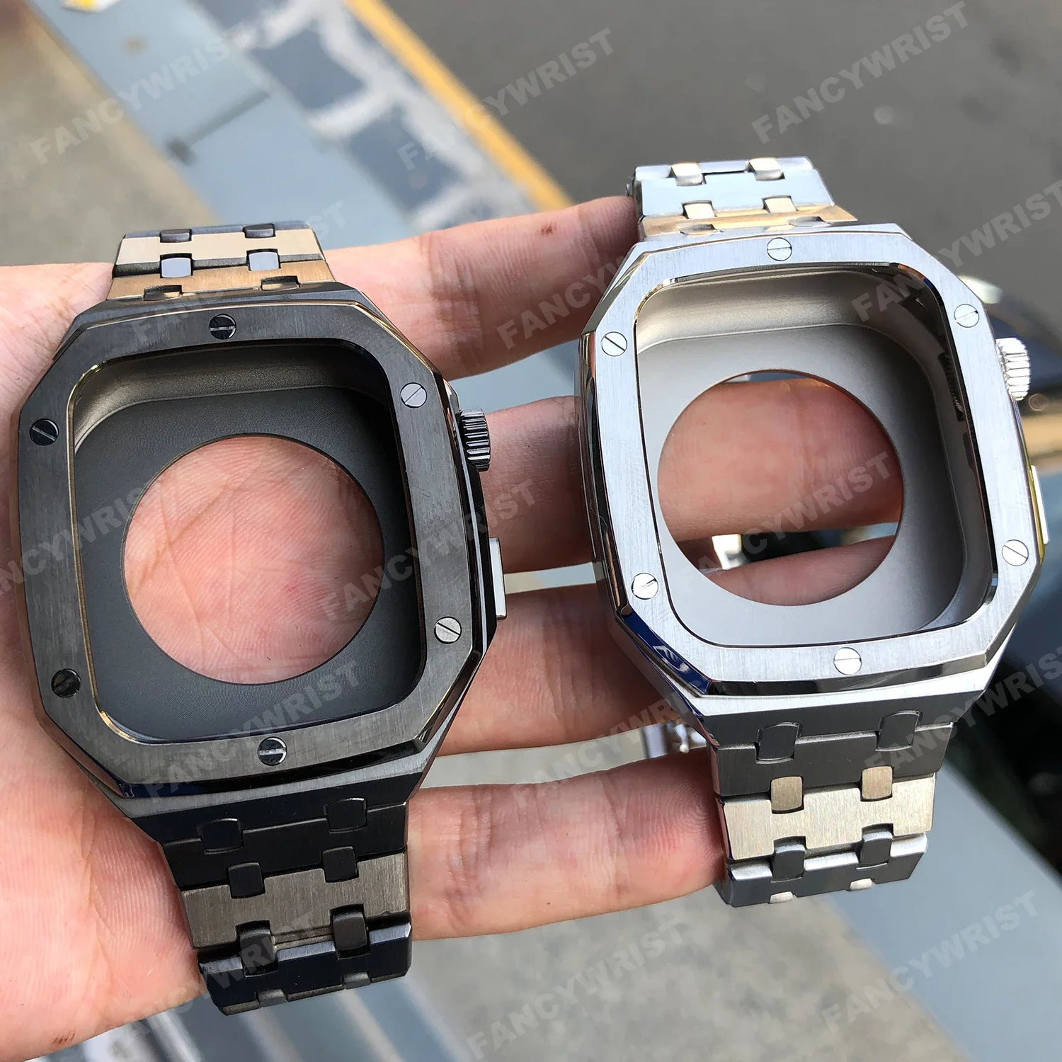 Apple Watch用の金属製ステンレススチールストラップ,ベゼルケース,改造キット,デラックス,8, 7, 6, 5, 4,se,44mm, 45mm