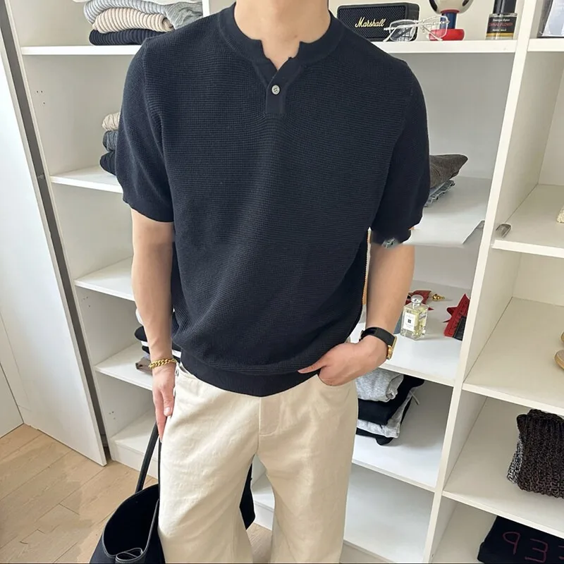 Short-sleeved Knitted Sweater with A Men's Texture British Business Fit Summer Ice Silk Trend