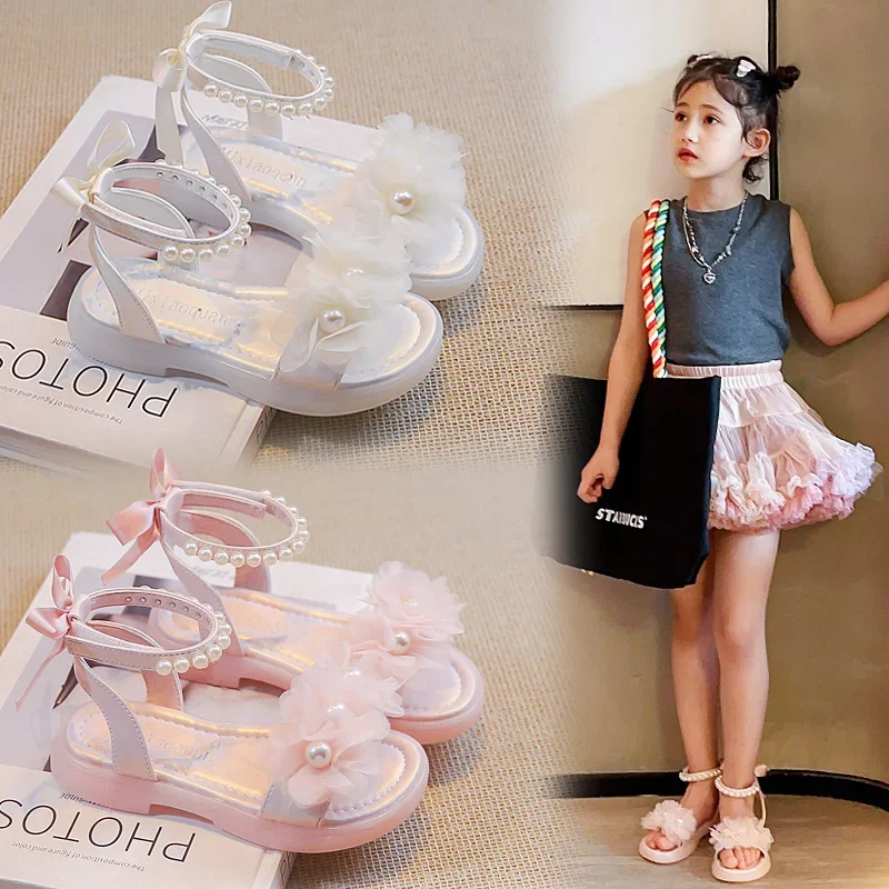 Girls Pearls Sandals with Lace Beaded Princess Kids Gladiator Sandals Princess Sweet Summer Kids Beach Shoes Back Bow-knot