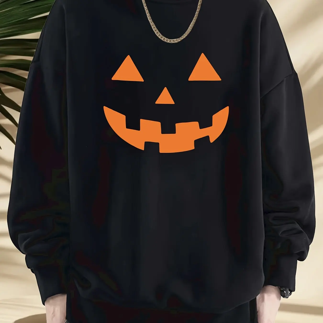 

Men's Halloween pumpkin face printed loose round-neck hoodie, beige and orange casual pullover, soft and comfortable fabric