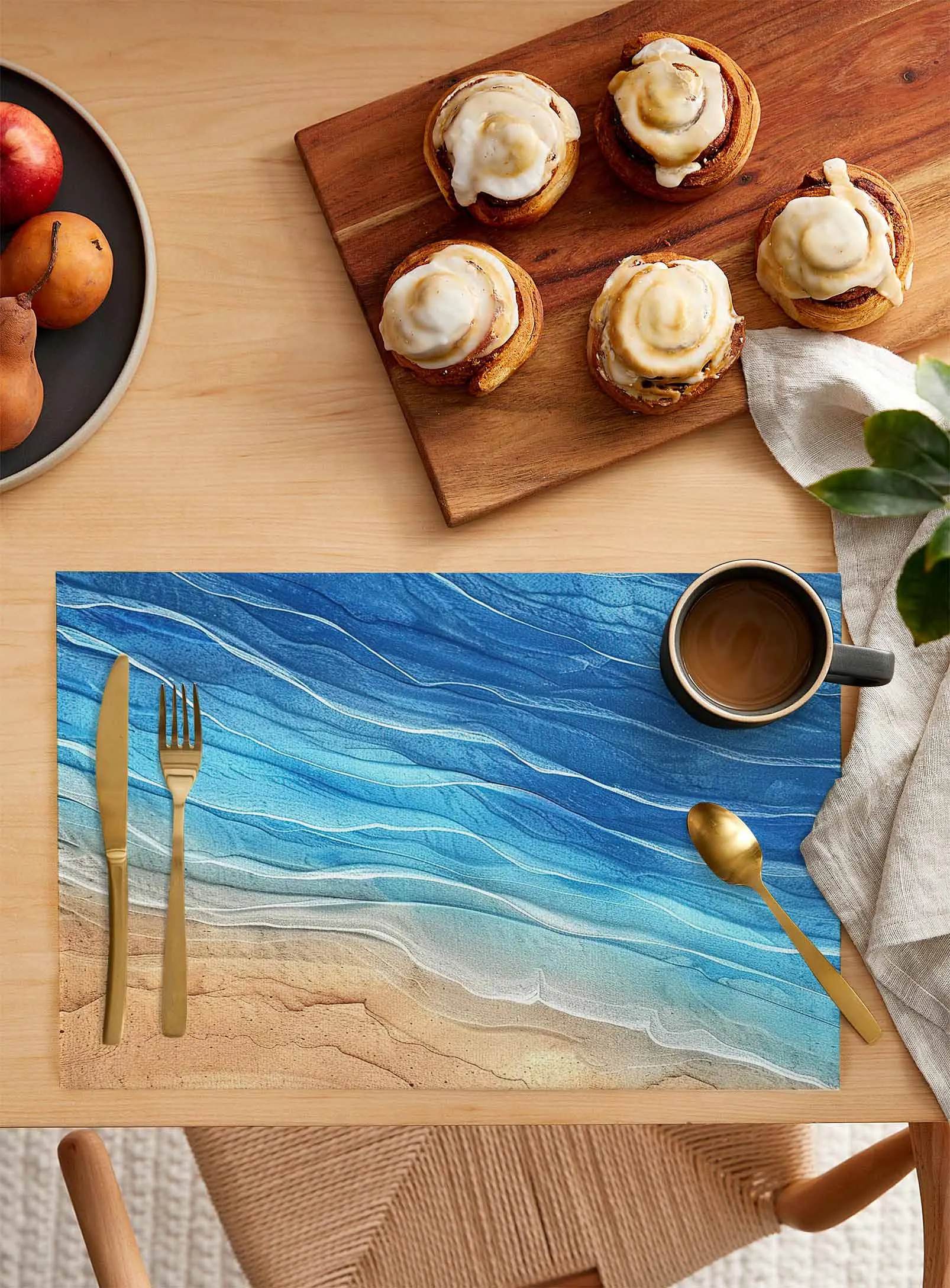 Ocean Waves Beach Gradual Blue Waves Kitchen Tableware Cup Bottle Placemat Coffee Pads 4/6pcs Desktop Mats