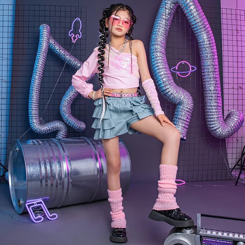 

Jazz Dance Performance Costume Girls Fashion Kpop Stage Outfit Kids Hip Hop Street Dance Wear Pink Tops Shorts Streetwear 1021