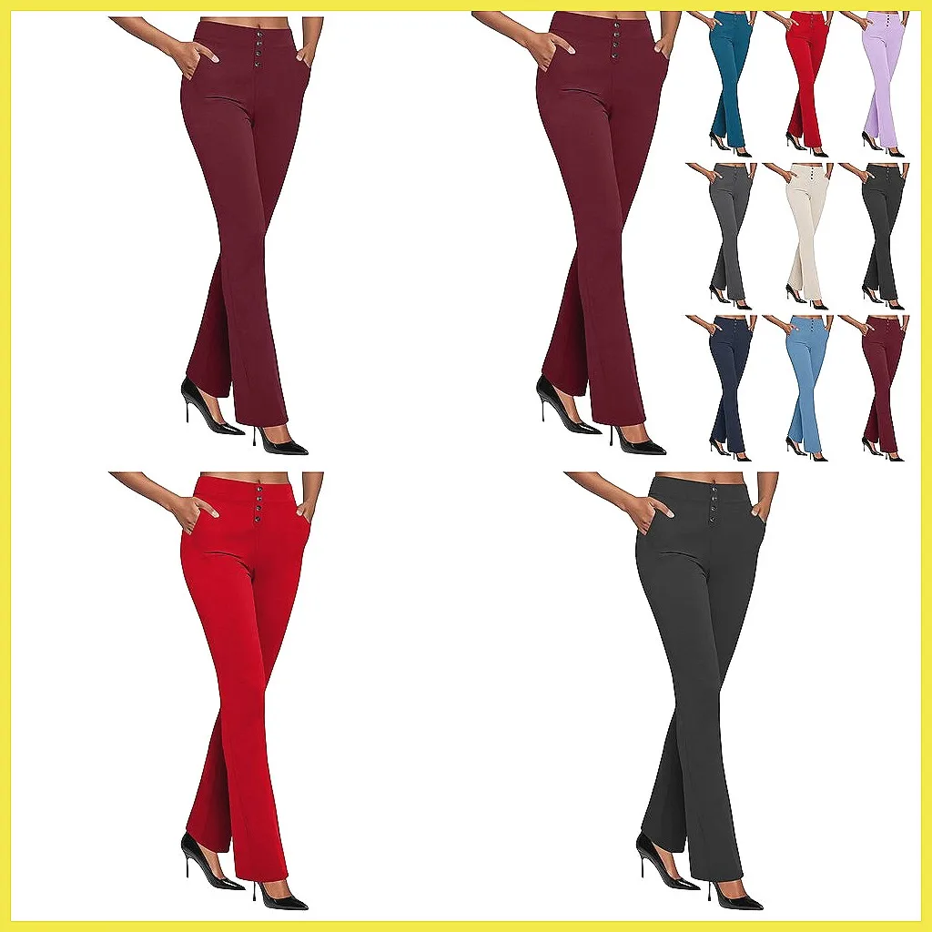

Women's High Waist Flare Pants - Retro Business Casual Trousers with Drawstring & Button Detail