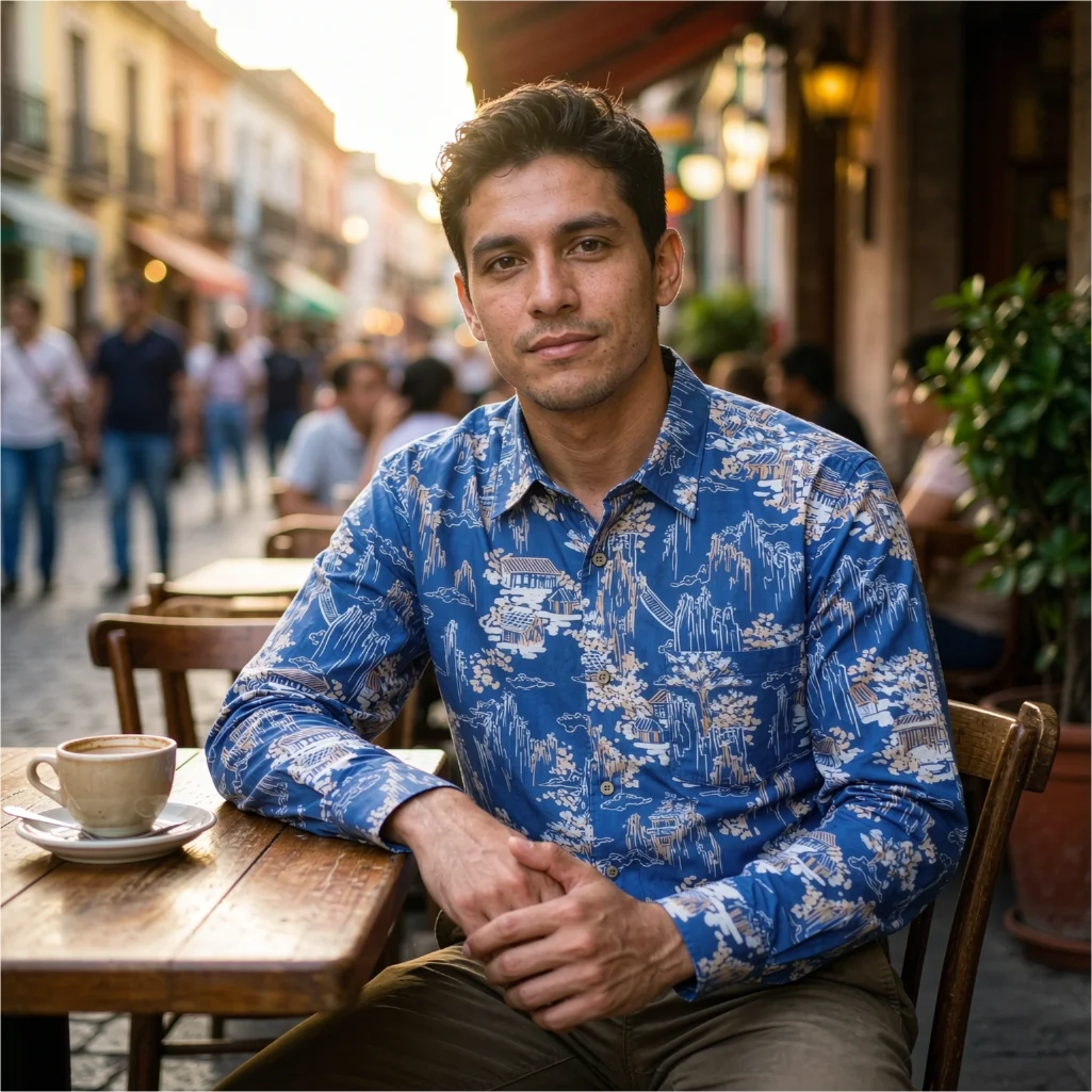 Blue Chinese Landscape Print Men's Shirt Long Sleeve Vintage Casual Top Loose Fit Button Down Blouse Daily Wear Hot Sale Cotton