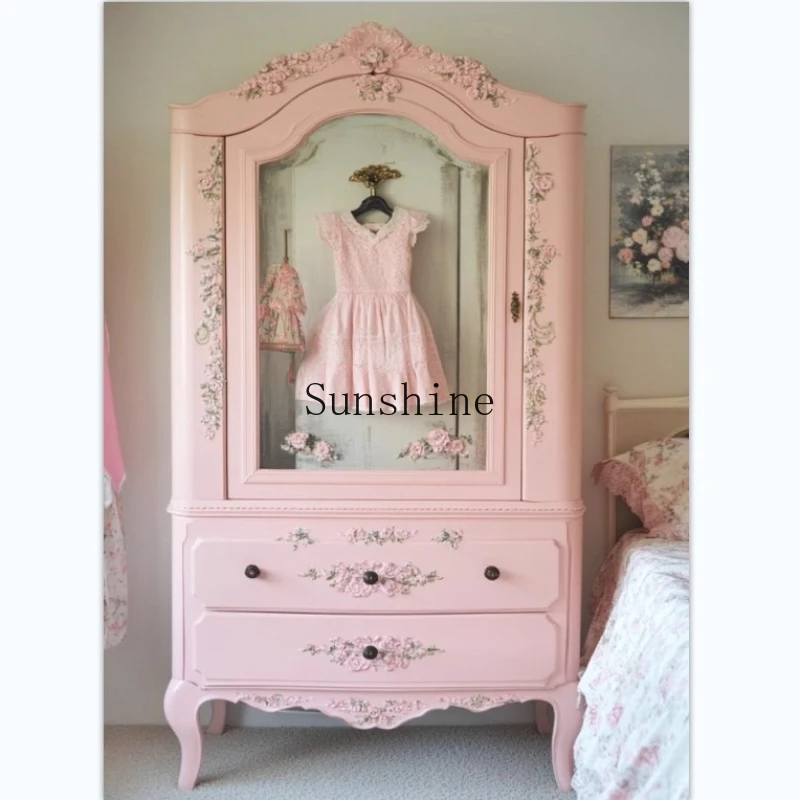 

French carved solid wood wardrobe rustic hand-painted storage bedroom storage simple modern