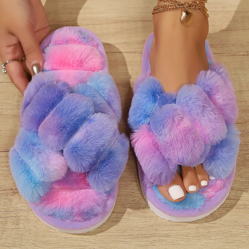 Rainbow Plush Women's Cotton Slippers Lightweight Comfort Low Platform Home Fluffy Slippers 2024 Winter Big Size Non-slip Slides