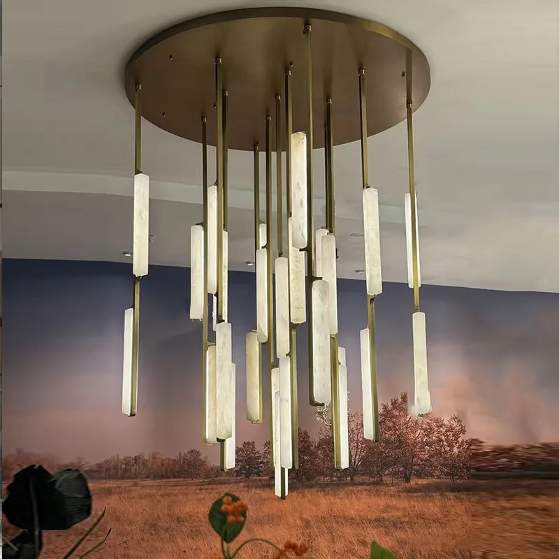 

Italian Design Spanish Marble Round Lamp Brass Black Bronze Lustre 3 Color Dimmable Lighting for Hotel Villa Staircase Ceilings