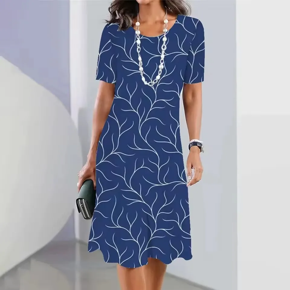 Summer Women's Dresses Fashion Round Neck Short Sleeve Long Simple Striped Printed Casual Women's Clothing Bohemian Style