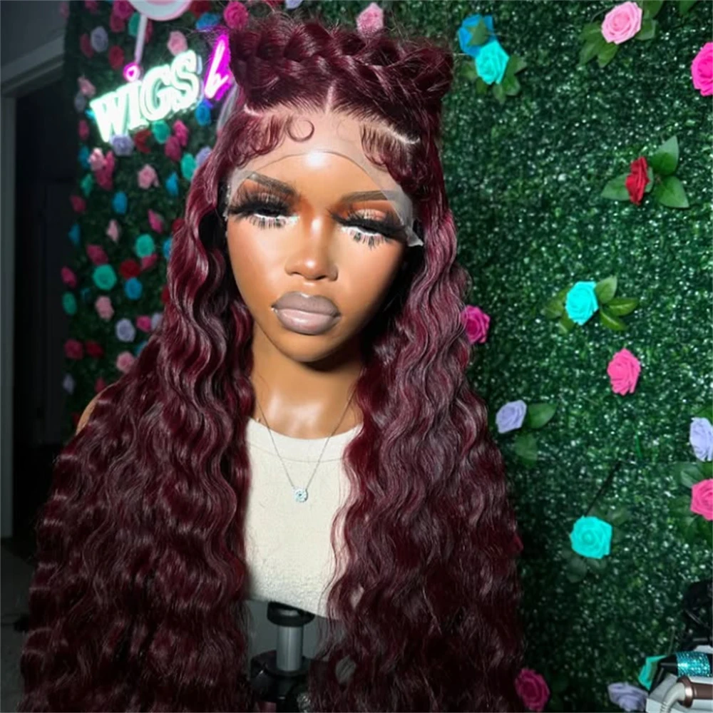Мягкий бесклеевой парик 180 Плотность бордового цвета 26 дюймов Длинный странный вьющийся глубокий парик фронта шнурка для женщин с предварительно выщипанными волосами ребенка на каждый день