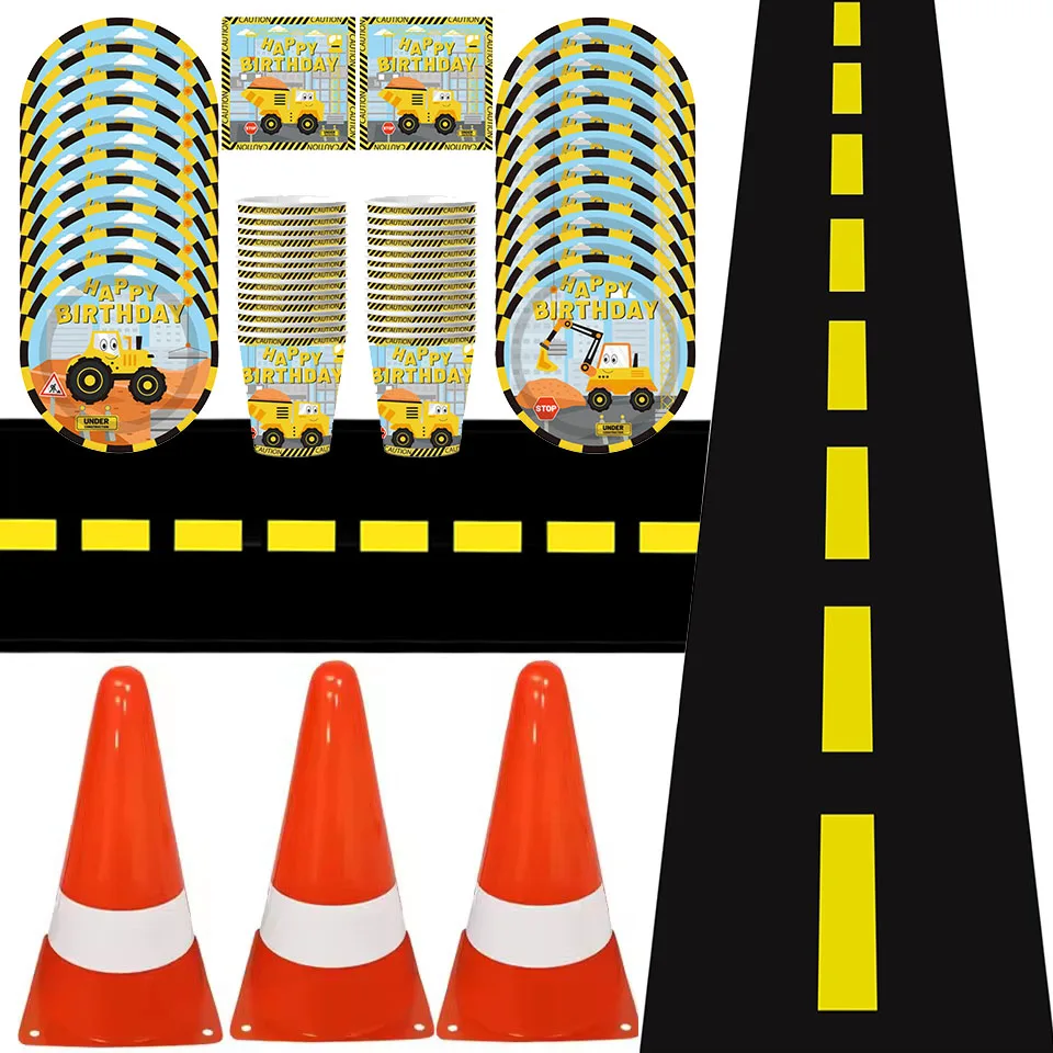 Suministros para fiestas de construcción, camino de construcción, manteles, conos de construcción para niños, decoración de globos de cumpleaños