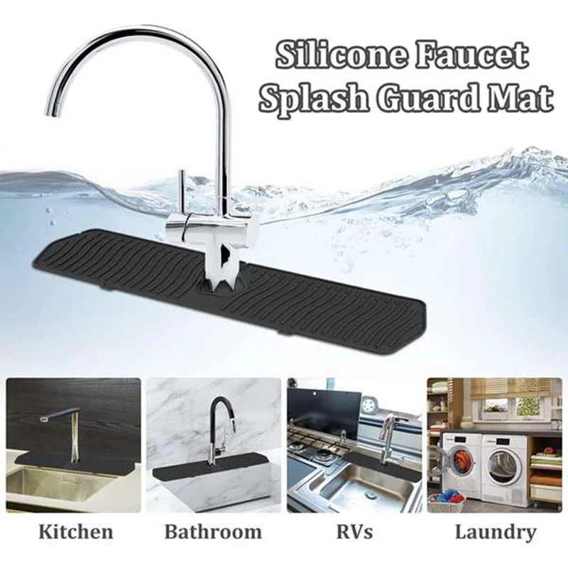 Kitchen Sink Splash Guards Mat Water Guards Catcher Tray Long Silicone Faucet Handle For Kitchen Black