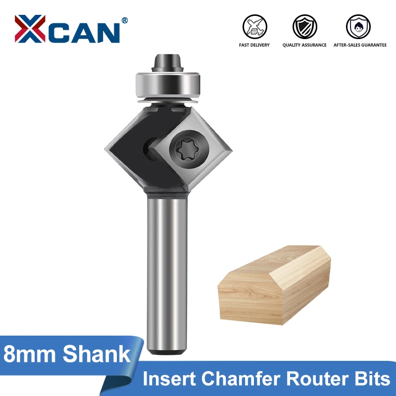 XCAN Milling Cutter 8mm Shank with 12mm Insert Chamfer Router Bits with Bearing Guide for Woodworker Edge Trimming Bits