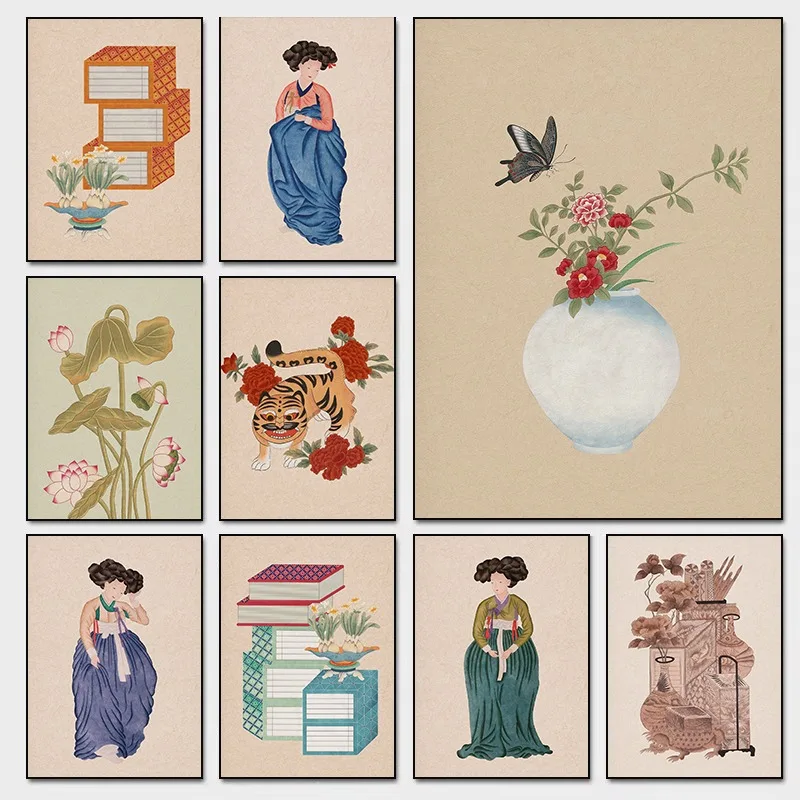 Impresión de arte coreano Chaekgeori Minhwa, libros vintage, flor de loto, pintura de naturaleza muerta, arte popular tradicional