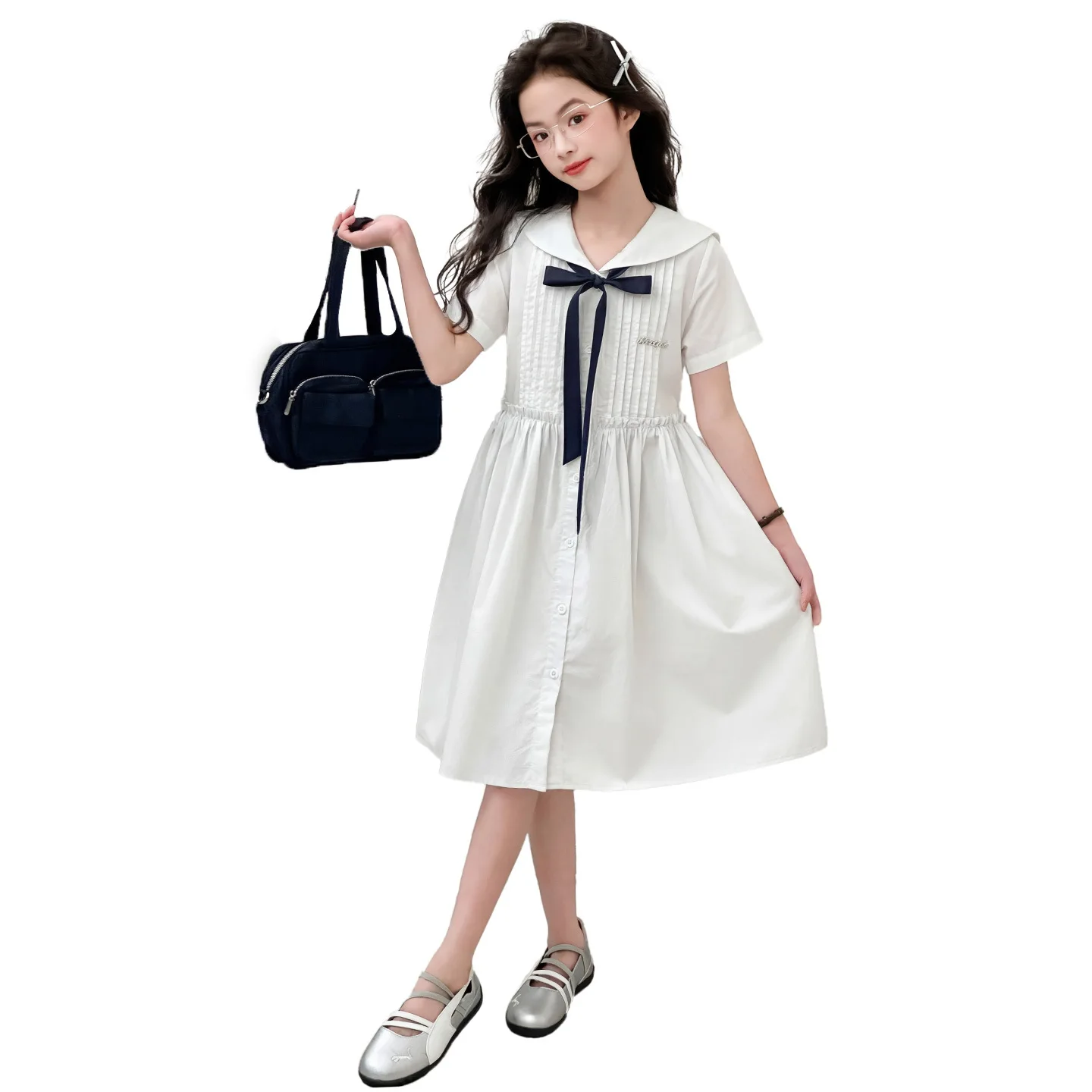 2026 Summer Dresses White kid baby party mesh princess Girls Mid Long JK bow sailor collar teens dress 4 6 8 to 10 12 14 Years