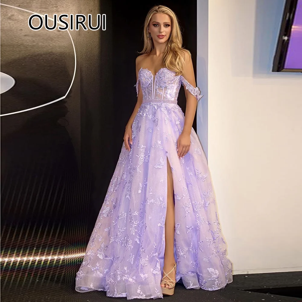 Gracioso fora do ombro tule fenda lateral vestido de baile de formatura meninas com renda aberta volta rendas até tribunal vestido de baile de formatura personalizado