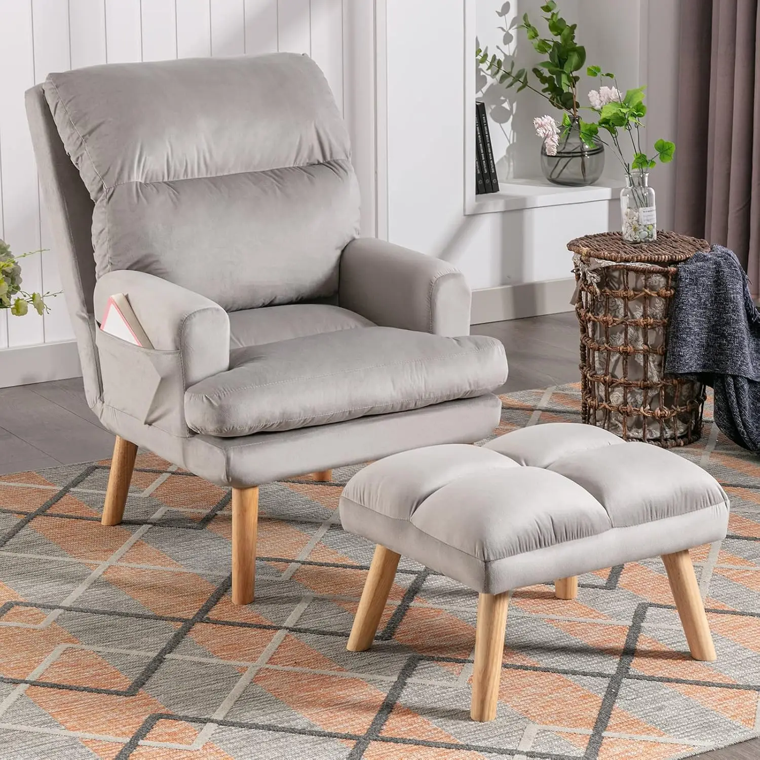 Modern Accent Chair Ottoman Soft Fabric Adjustable Backrest Side Pockets Lounge Chair Living Room Bedroom Office Grey Customized
