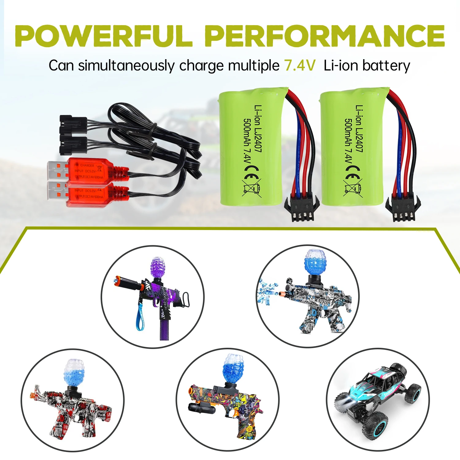 7.4V 500mAh SM-4P Plug Lithium Battery With USB Charging Line For EC16 RC Car,M416 Electric Gel Ball Blaster Backup Battery