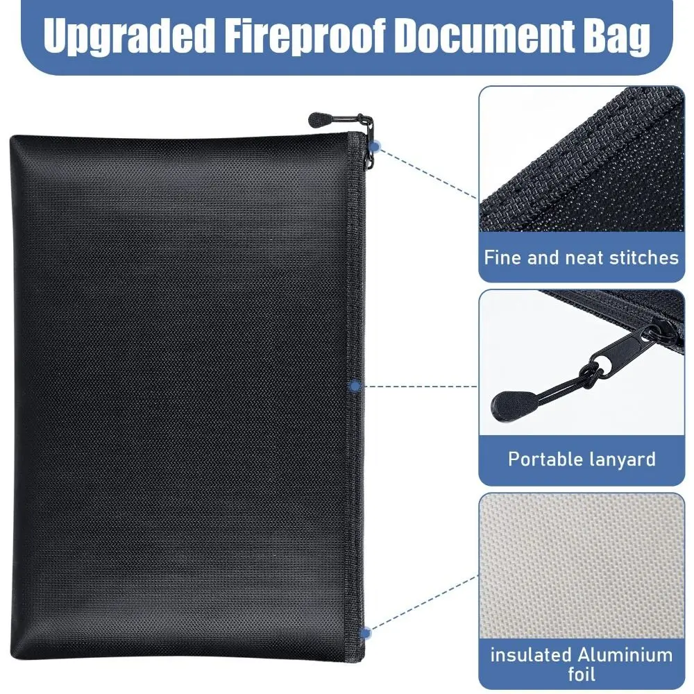 Heat Insulated Fireproof Document Bags with Zipper Large Capacity Waterproof Money Pouches Universal Black