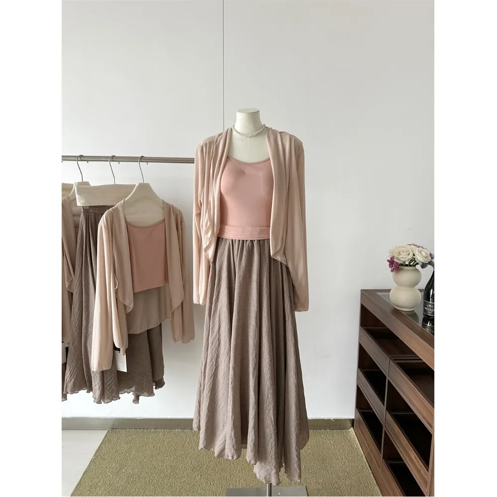 

Spring New Women's Cotton Linen Half Skirt Three-piece Set Sunscreen Air Conditioning Shirt Zen Style Fashionable Ensemble