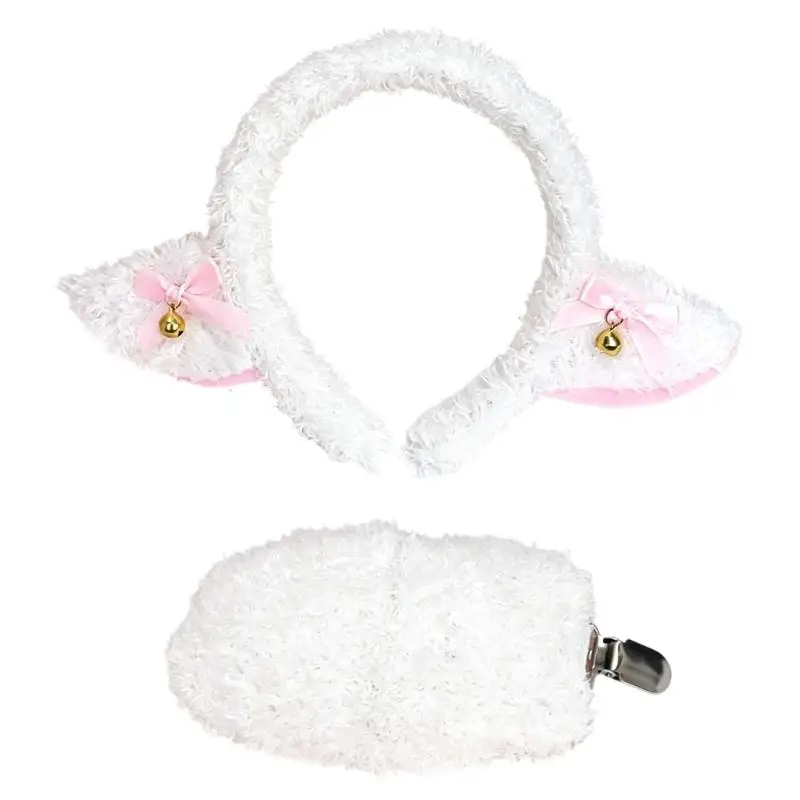 39BD Plush Lamb Costume Accessory Set with Sheep Ears and Tail for Halloween Role Play, Stage Use, Party Styling, and Photos Use
